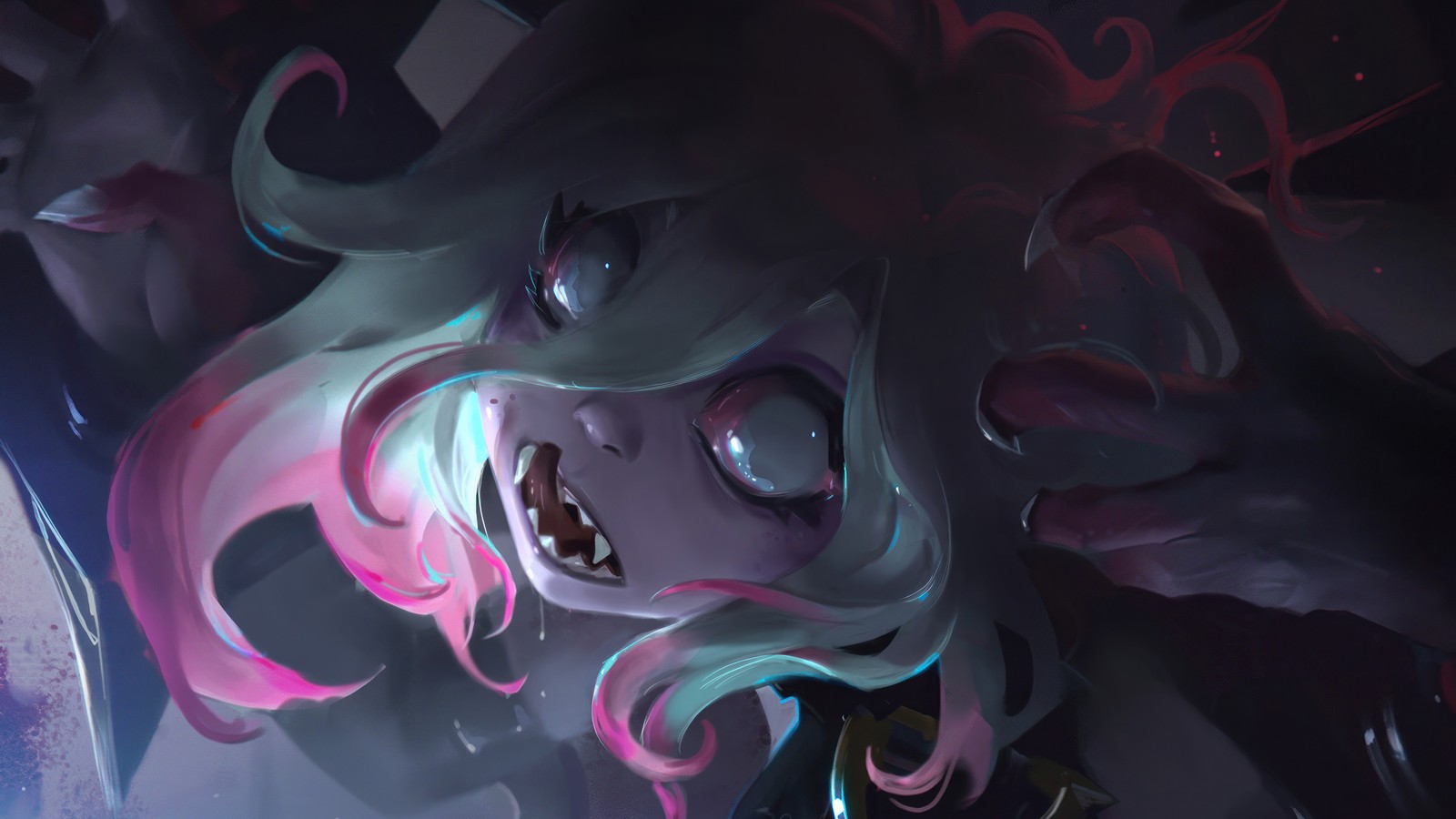 Um close de uma garota com cabelo longo e uma peruca rosa (briar, league of legends, lol, jogo de vídeo, arte)