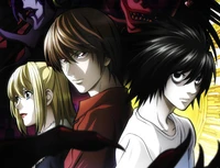 Misa Amane, Light Yagami, and L stand united against a backdrop of mysterious shadows, embodying the intense drama of "Death Note.