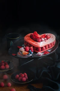 Postre en forma de corazón de frambuesa adornado con fresas y acentos florales, contra un fondo oscuro.