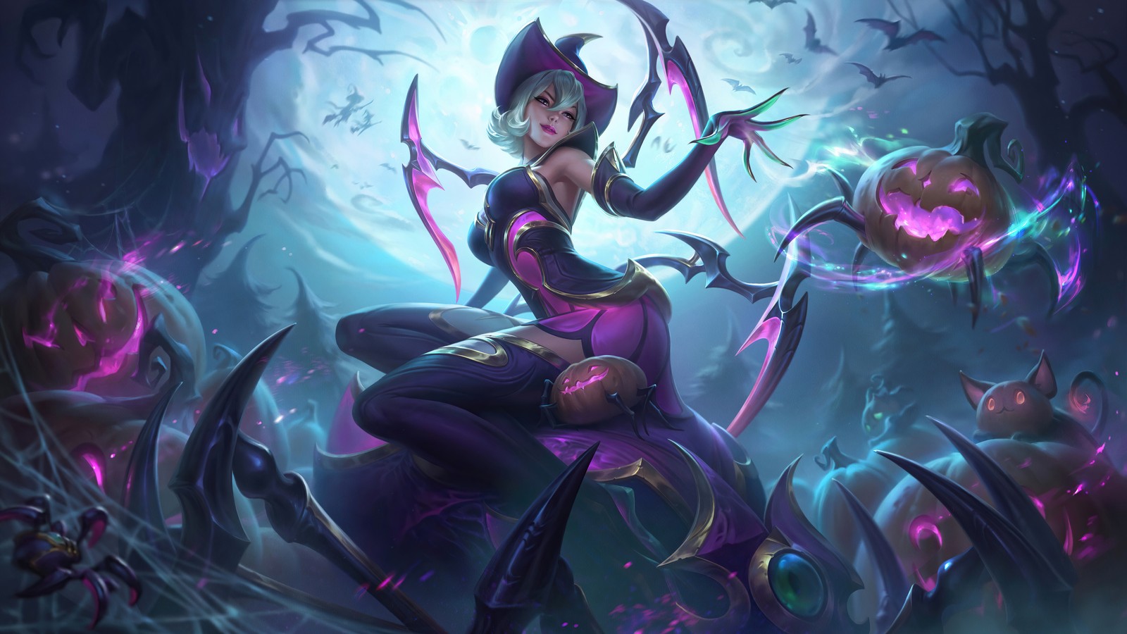 A woman in a purple outfit holding a purple ball and a purple bat (halloween, skin, bewitching, elise, league of legends)