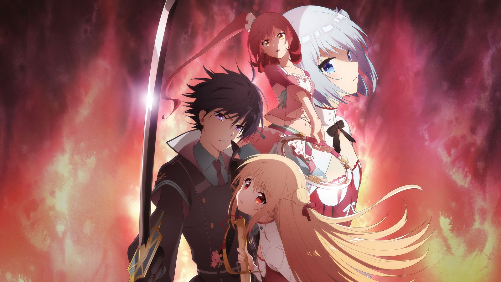 A group of anime characters standing next to each other in front of a red sky (assassins pride, anime, アサシンズプライド, characters, kufa vampir)