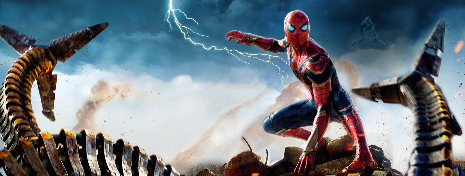 Spider-man et les lézards en arrière-plan d'une scène (spider man pas de chemin à la maison, spider man no way home, films de 2021, 2021 movies, marvel comics)