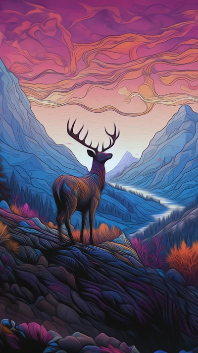 Majestic red deer silhouette against a vibrant sunset landscape, surrounded by mountains and lush foliage.