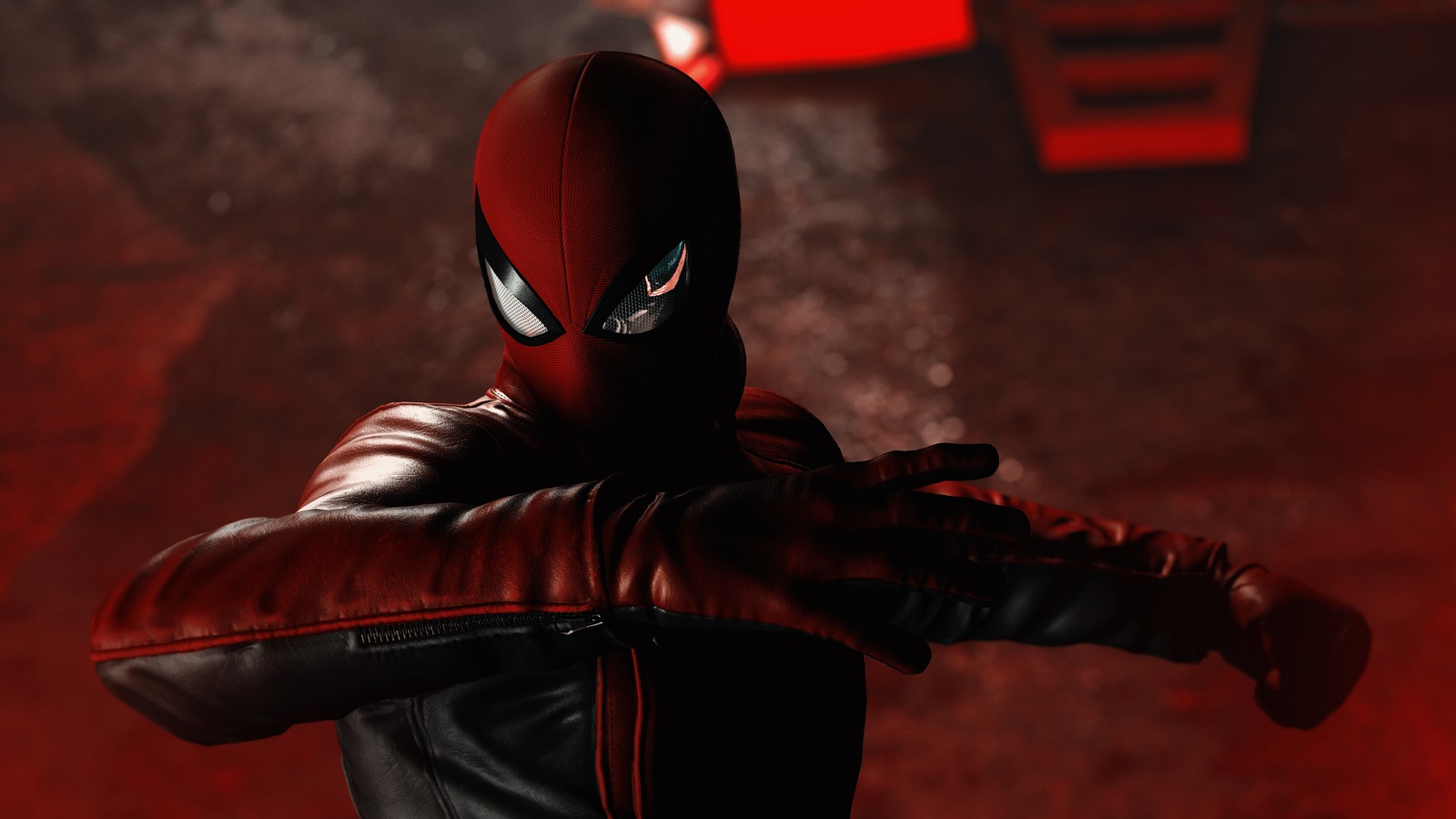 Gros plan d'une personne en costume rouge et noir (marvels spider man remastered, 2023, spiderman, rouge foncé, jeux)