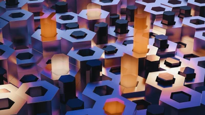 Abstract 3D Hexagonal Landscape with Illuminated Structures