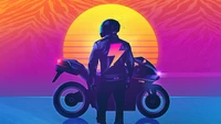 Biker retro al atardecer: Un viaje synthwave