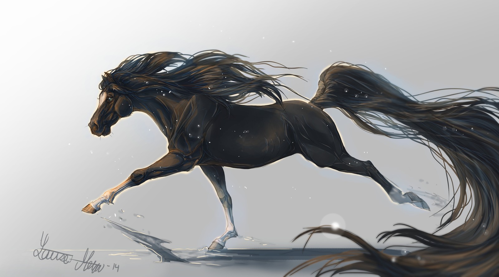 Pintura de un caballo con pelo largo corriendo por la playa (semental, caballo, melena, caballo mustang, sillas de montar)