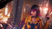 Personagem feminina dinâmica do Garena Free Fire, exibindo uma postura pronta para a batalha em um fundo ardente.