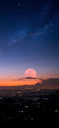 Deslumbrante crepúsculo sobre a Terra: Uma vista celestial da Lua e das estrelas