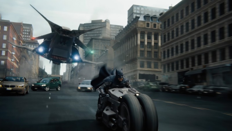 Мотоцикл темного рыцаря бэтмена в центре города (флэш 2023, the flash 2023, фильм, batman)