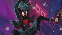 Miles Morales als Spider-Man, der durch eine lebendige, städtische Landschaft schwingt und die dynamische Energie von "Into the Spider-Verse" verkörpert.