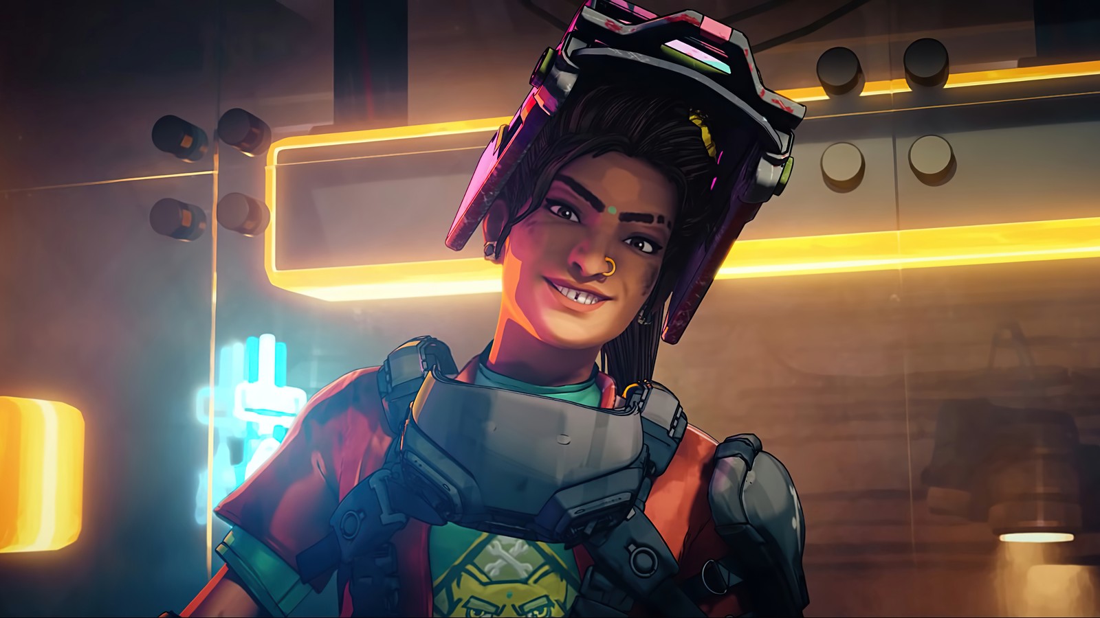 A close up of a person in a helmet and a helmet (apex legends, video game, rampart)