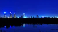 reflexion, horizont, skyline, nacht, wasser