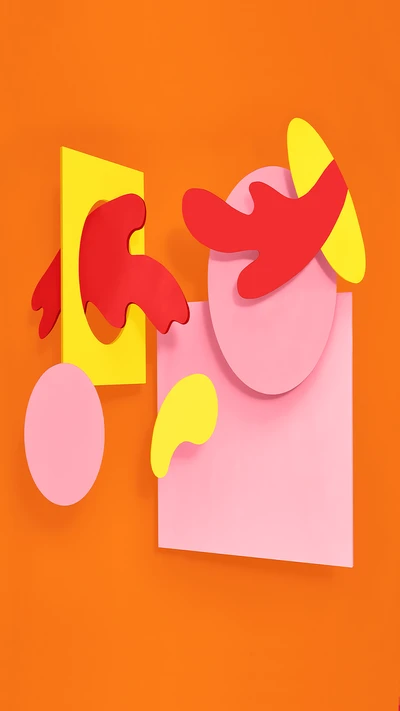 Lebendige abstrakte Formen in Pink, Rot und Gelb vor einem orangefarbenen Hintergrund, die verspielte Kreativität und modernes Design hervorrufen.