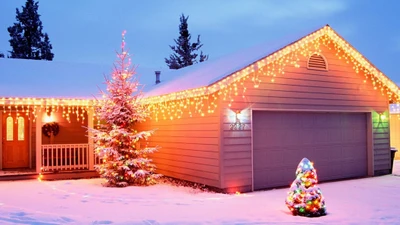 Un chalet en rondins confortable orné de lumières de Noël vibrantes, avec un arbre magnifiquement décoré et un bonhomme de neige joyeux, sur fond d'un paysage hivernal enneigé.