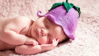 Peaceful Sleep of an Infant in a Cute Purple Hat