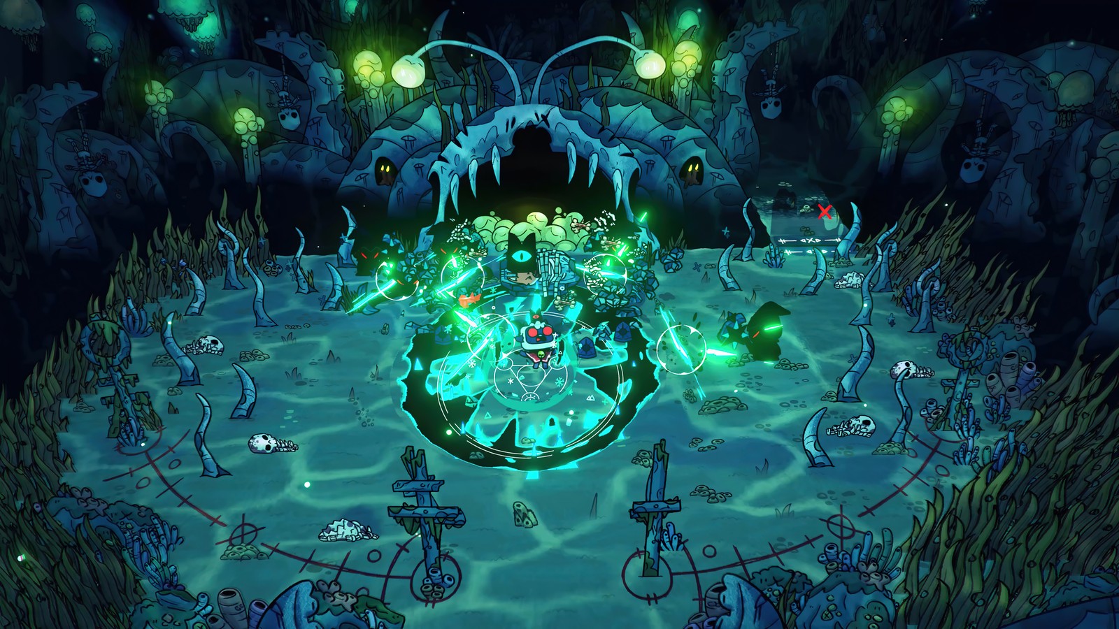 A screenshot of a game with a giant green creature surrounded by small monsters (cult of the lamb, video game)