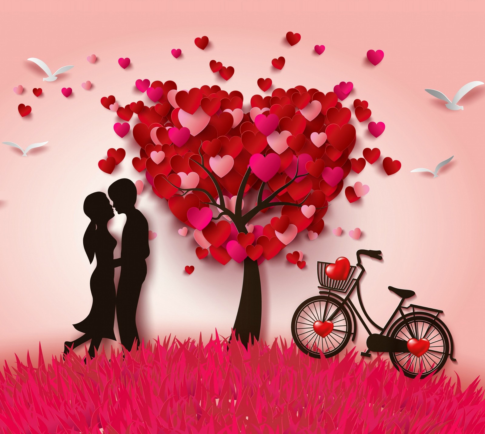 Una pareja besándose bajo un árbol con corazones en forma de corazón (abstracto, bicicleta, pareja, corazones, amor)