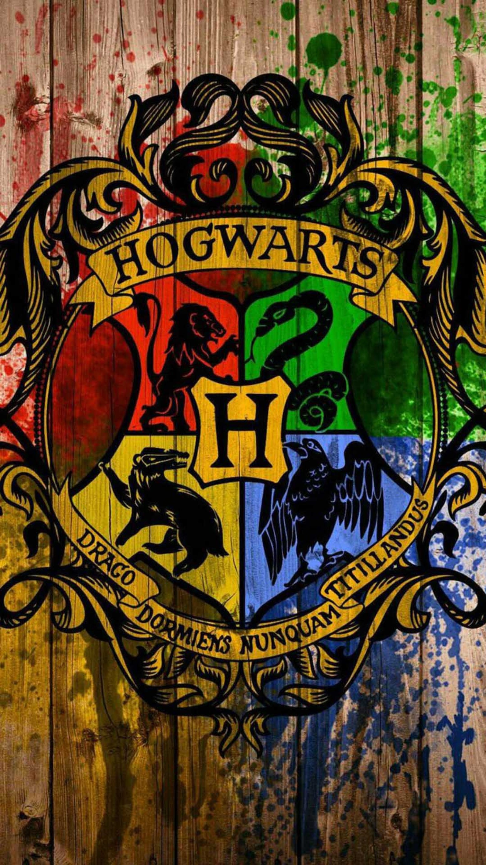 Un primer plano del escudo de hogwarts en una pared de madera (harry, harry potter, casas, alfarero)