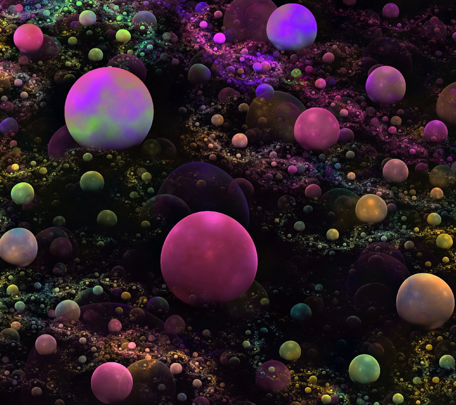 A close up of a bunch of balls in a field of grass (3d, abstract, ball, fractal, sphere)