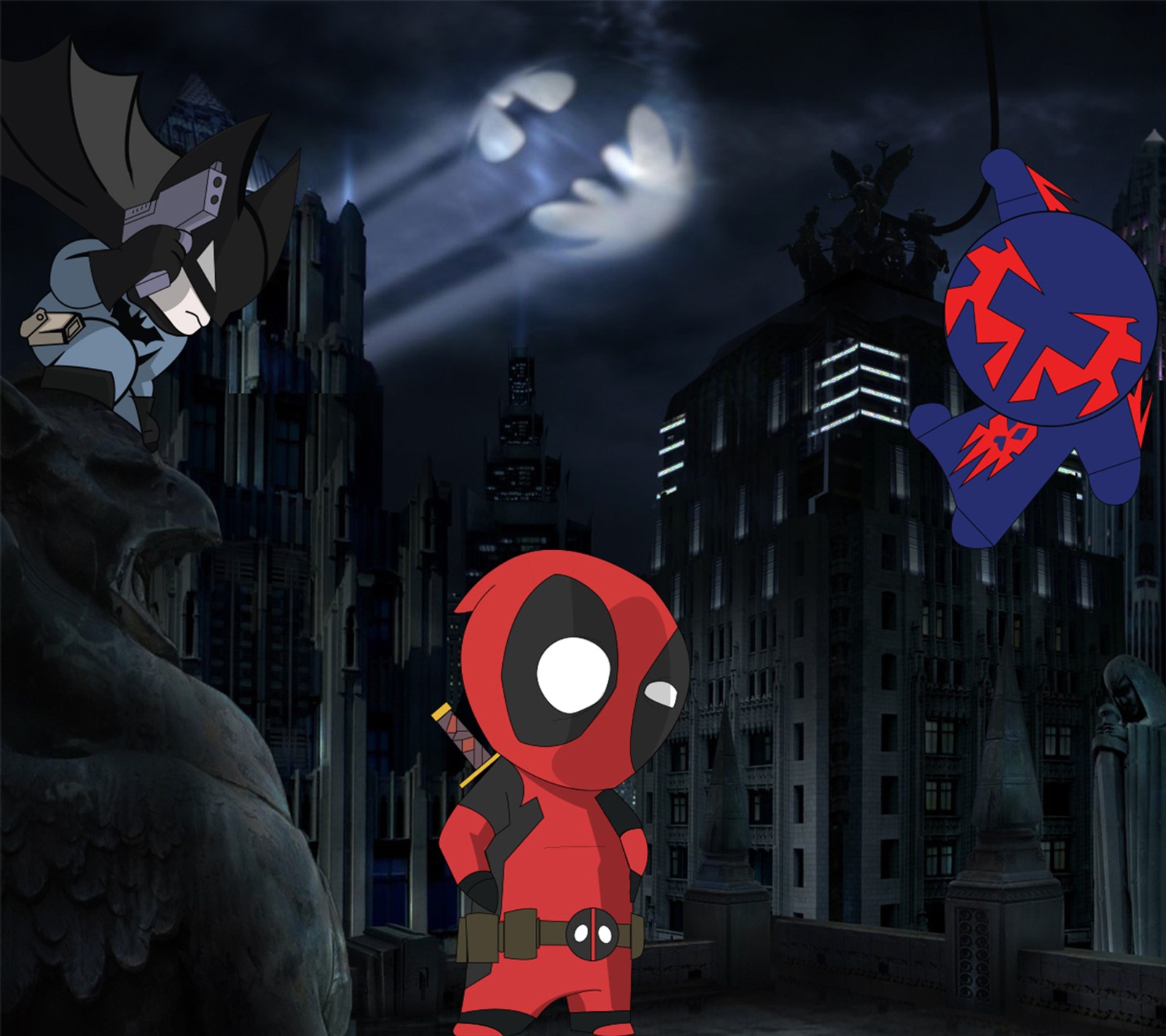 Batman et deadpool dans une ville la nuit (batman, spidey)