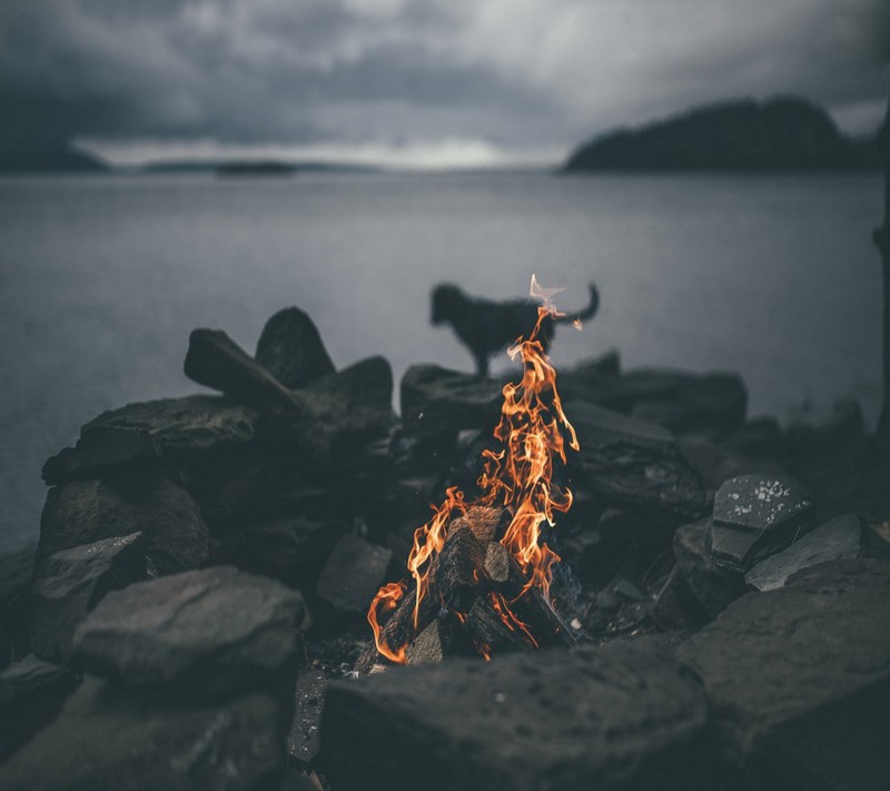 Um close-up de um fogo em pedras perto de um corpo d'água (praia, acampamento, fogo, mar)