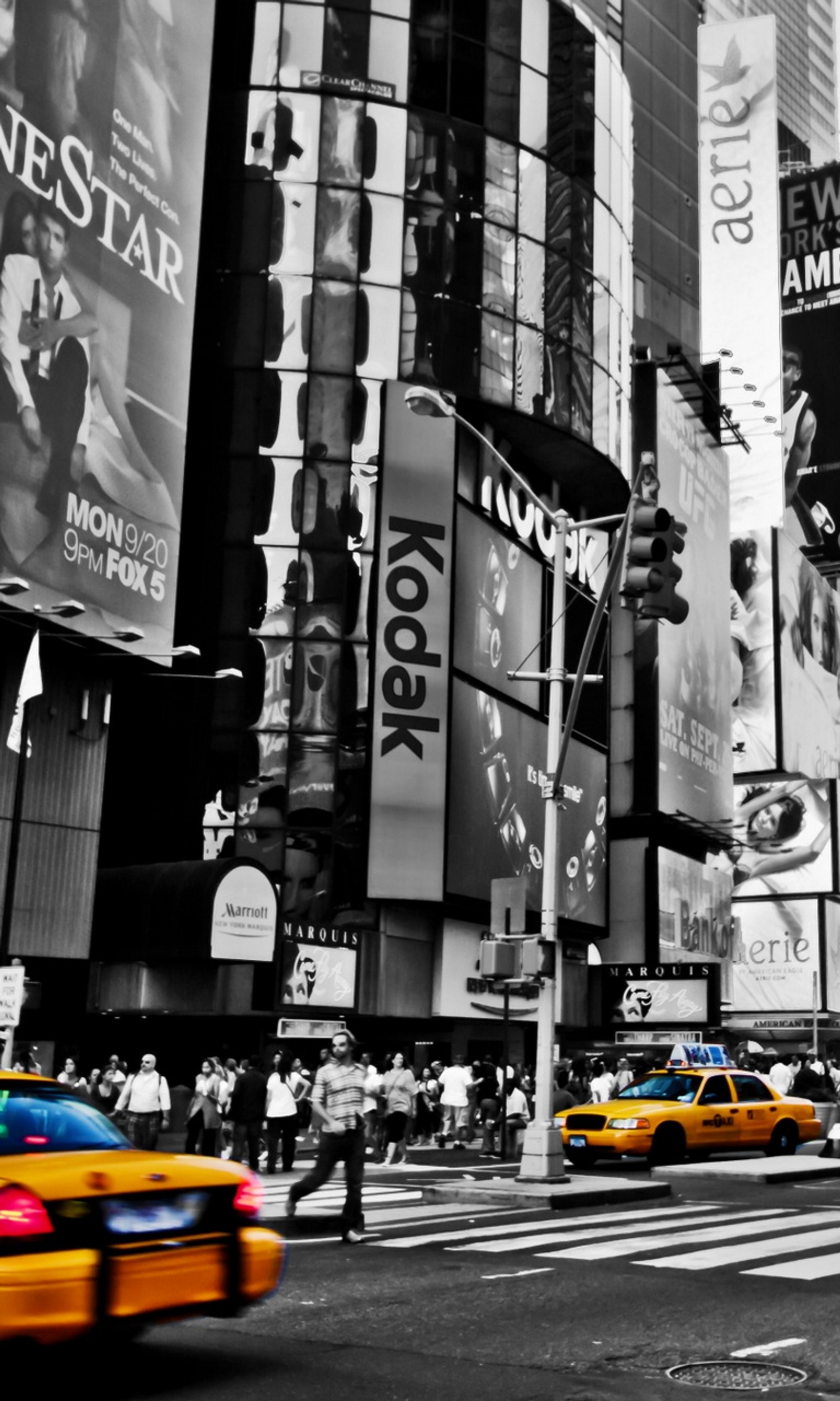 Araffiction of a black and white photo of a busy city street (cab, city, new, square, taxi)