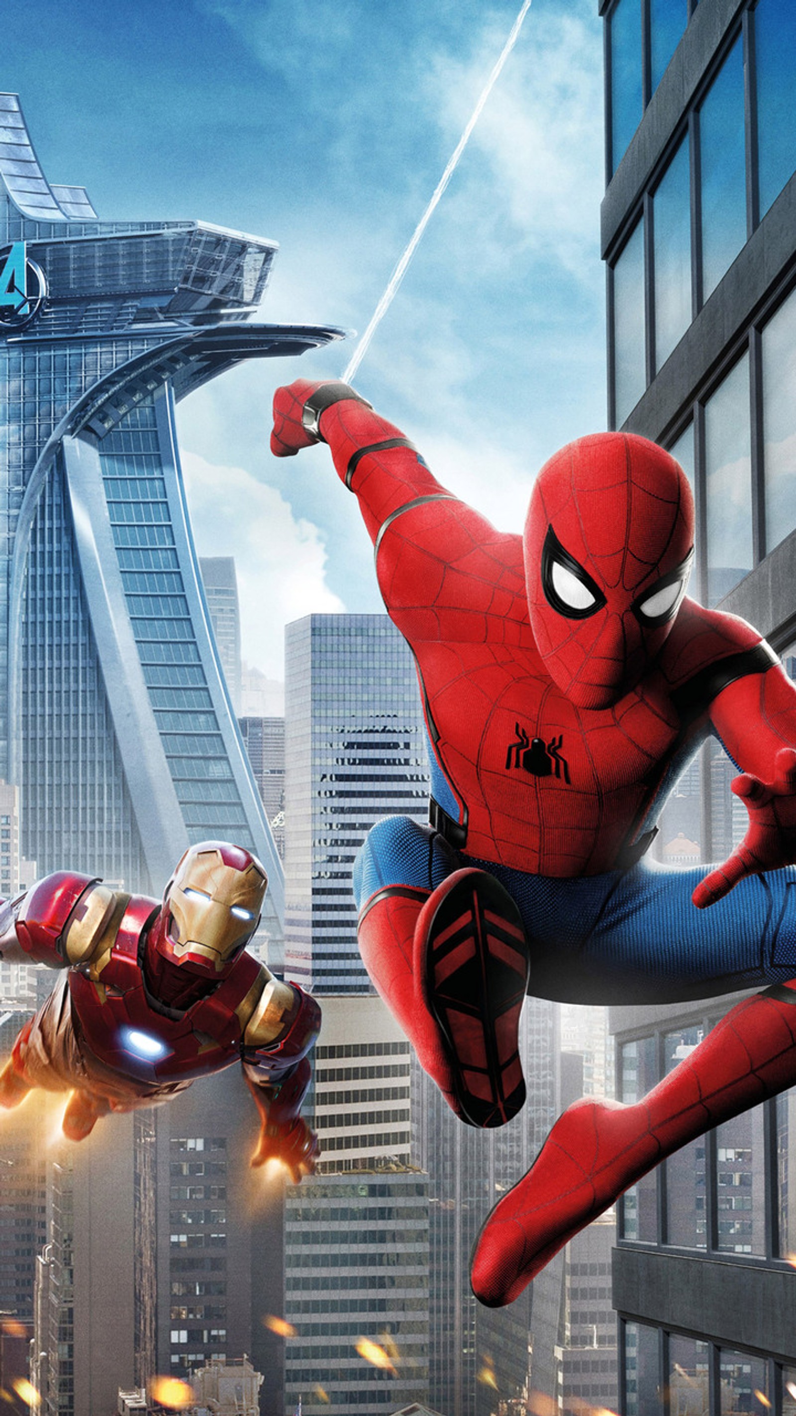 Spider - man and iron - man in a city scene (homecoming, iron man, marvel, peter parker, spider man)