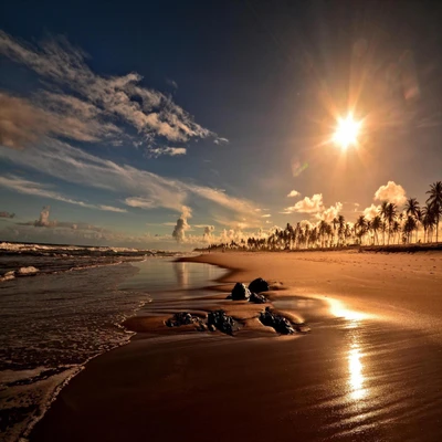 Pôr do sol sereno sobre uma praia tropical