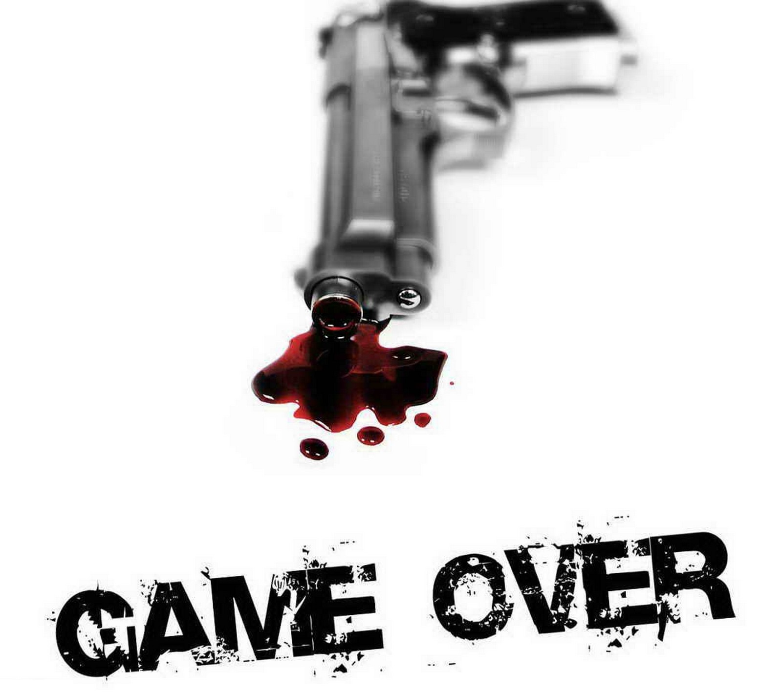 Nahaufnahme einer waffe mit blut darauf und den worten 'game over' (beeindruckend, klasse, spiel vorbei, waffe, nett)