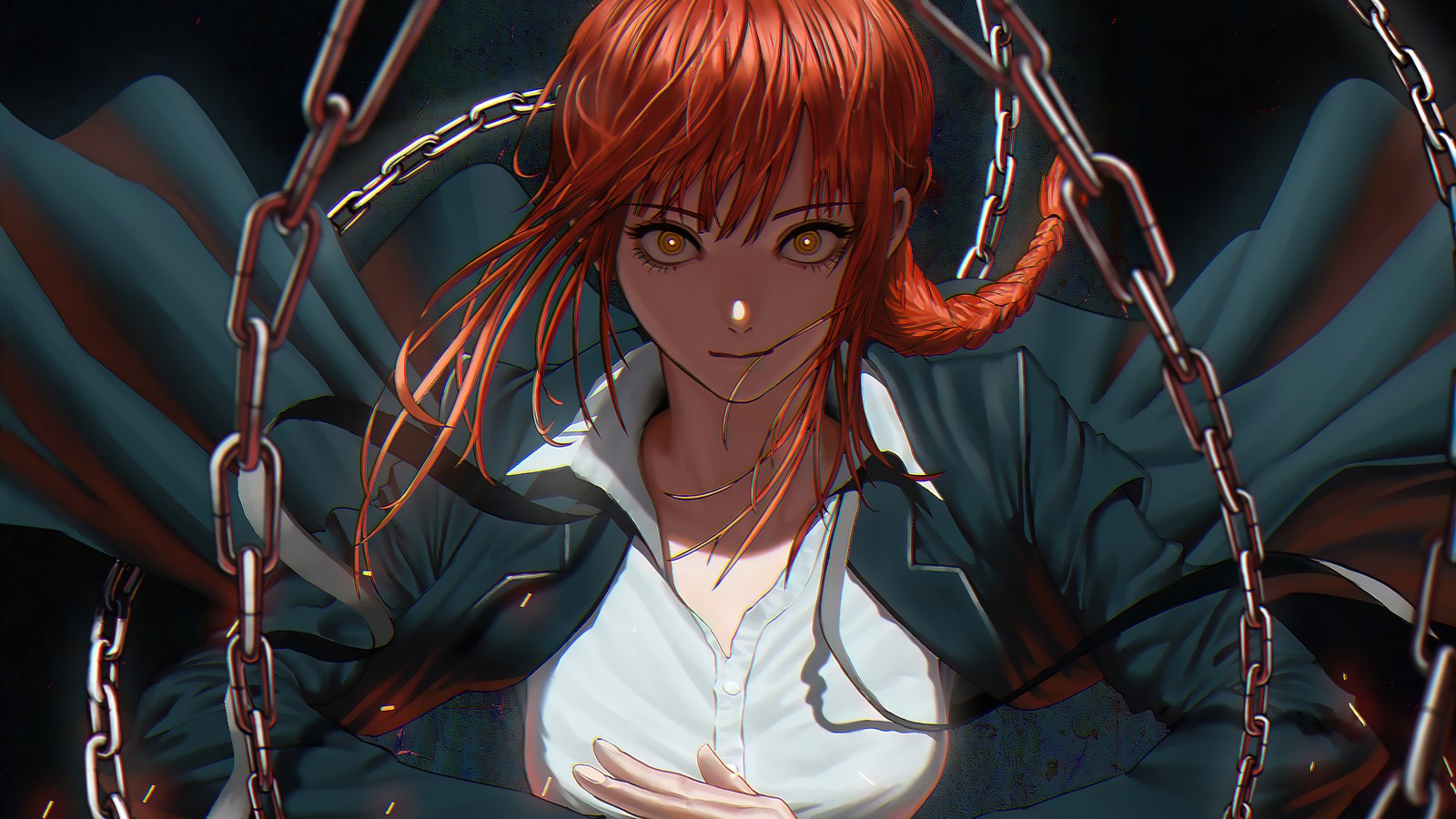 Garota anime com cabelo vermelho sentada em um balanço com correntes (makima, homen serra elétrica, chainsaw man, anime, チェンソーマン)