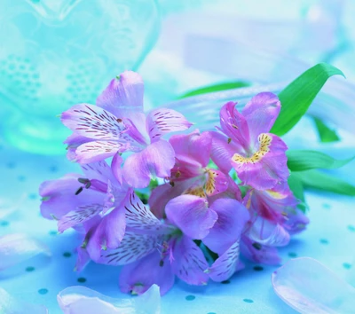 Flores de orquídea lilas sobre un suave fondo azul