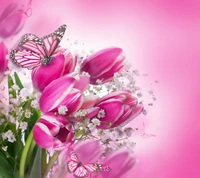 Beautiful Pink Tulips Adorned with Butterflies