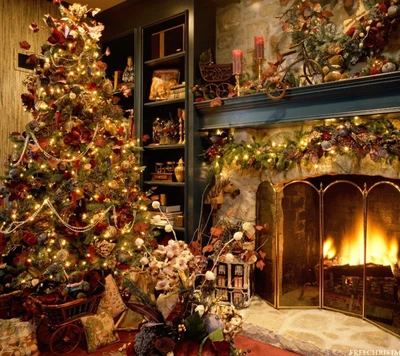 Cozy Christmas Scene with a Festively Adorned Tree and Warm Fireplace