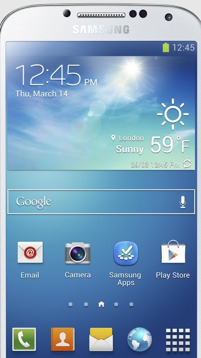 Écran d'accueil Samsung Galaxy S4 avec météo et icônes d'applications