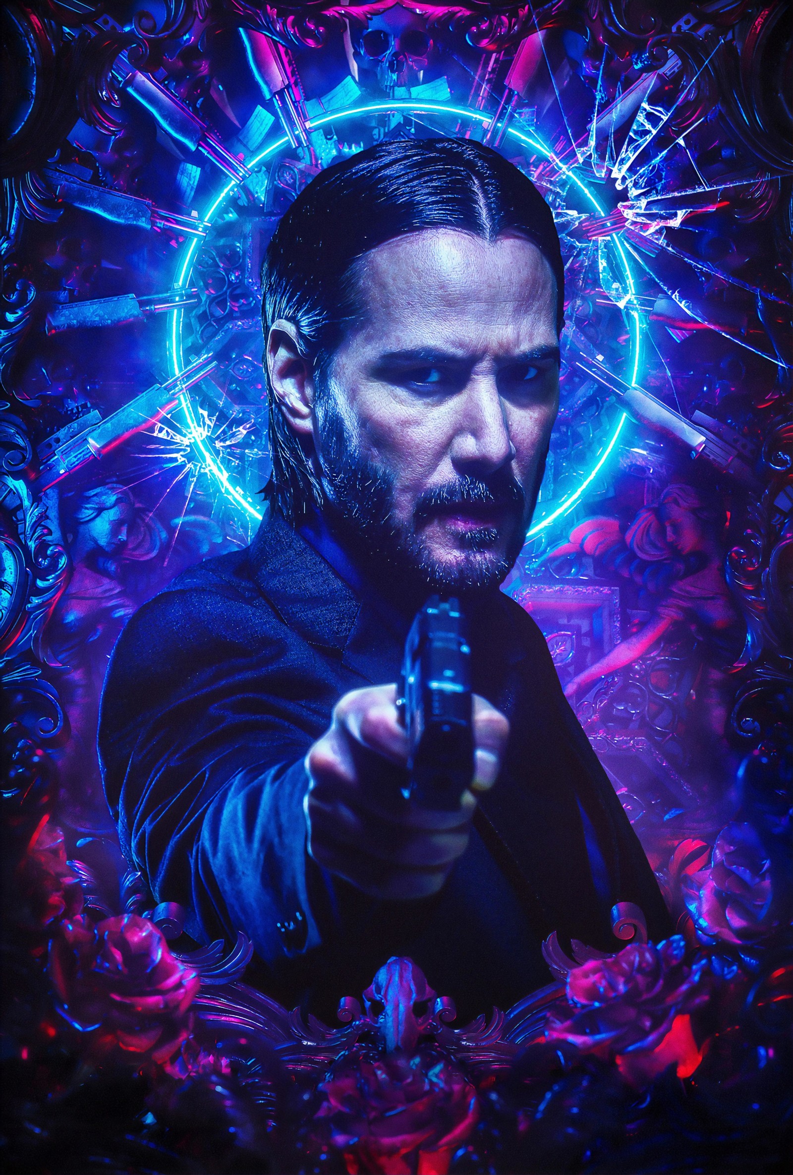 Un hombre sosteniendo un arma frente a un fondo colorido. (2019, john wick 3)