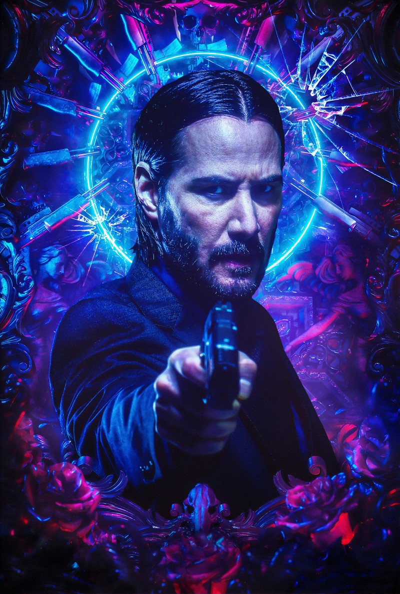 Мужчина с оружием на фоне ярких цветов (2019, джон уик 3, john wick 3)