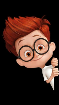 Cheerful character with red hair and glasses, expressing joy and curiosity.