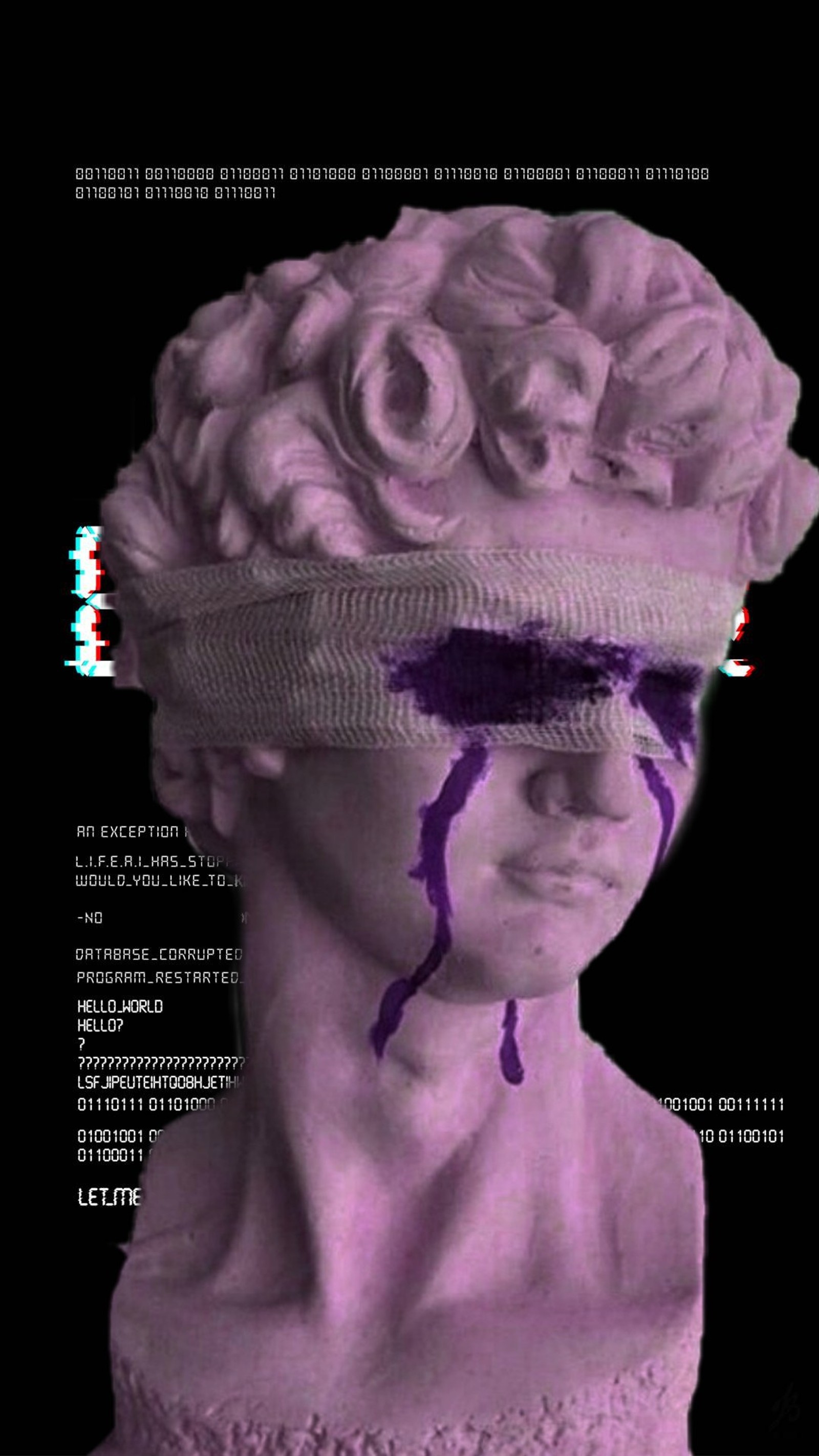 A close up of a bust with a purple paint drip on it (statue, glitch, error)