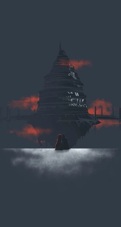 Silhouetted Figures Against a Mysterious Tower in a Dark Anime Landscape