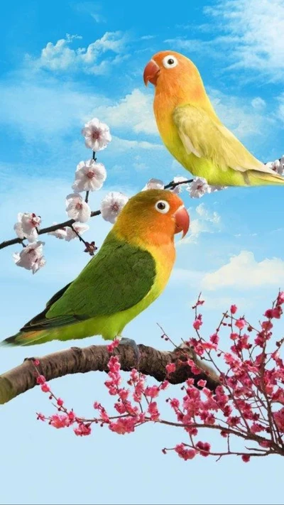 Colorful Parrots Amidst Cherry Blossoms in a Serene Sky