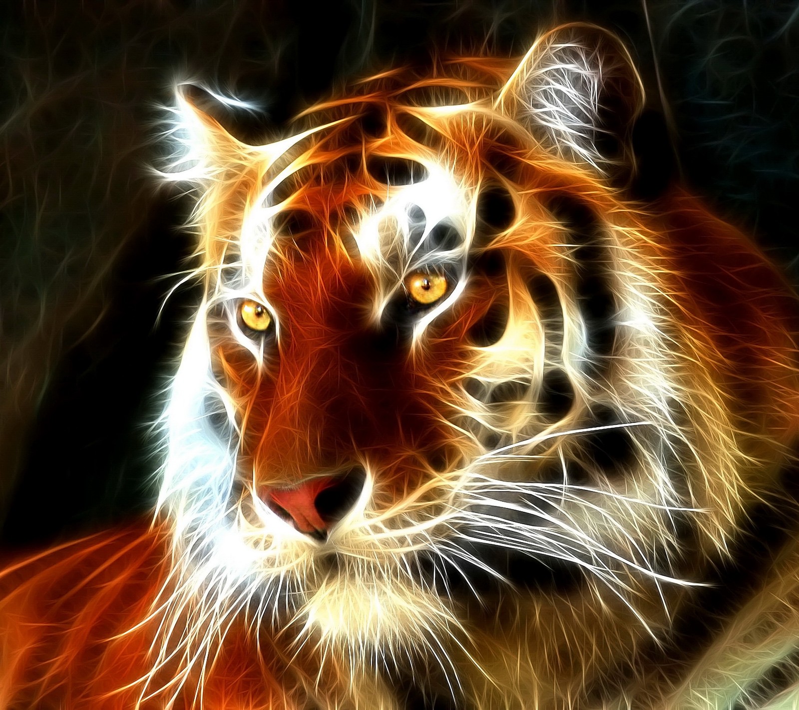 Une peinture d'un tigre avec un œil orange vif et une fourrure blanche (fractale, tigre)