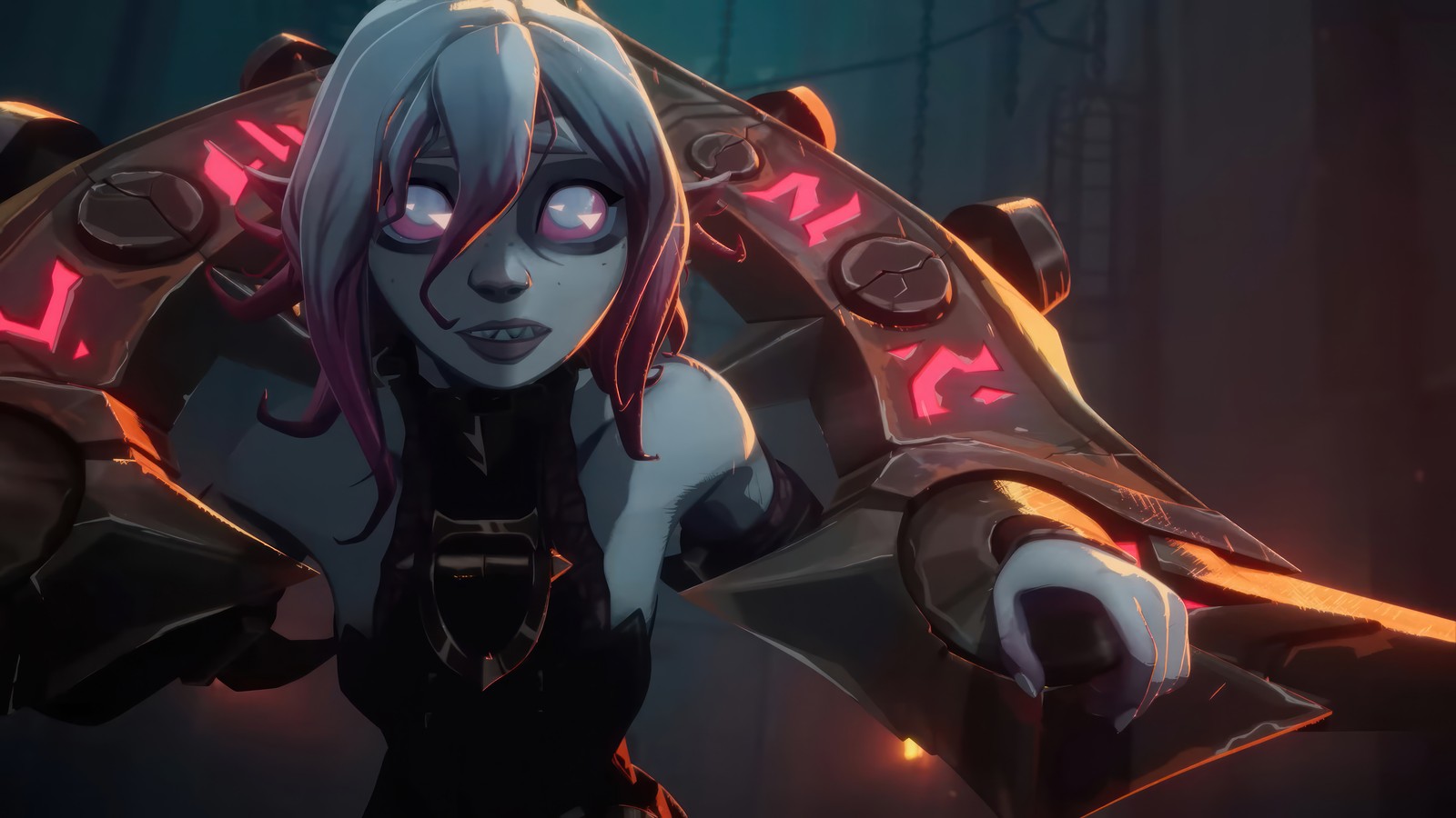 A woman with pink hair and a black outfit holding a sword (briar, league of legends, lol, video game)