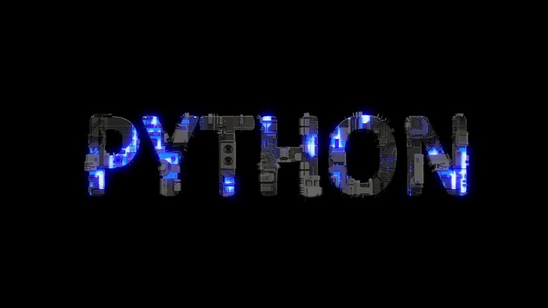 Близкий план черного фона с синим светом, на котором написано python (питон, футуристический, язык программирования, типография, черный фон)