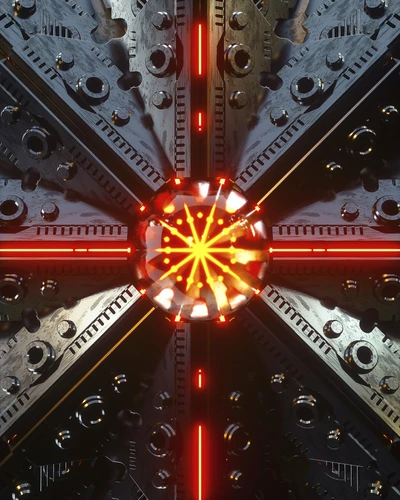 Symmetrical Red Metal Design in Space with Radiant Central Pattern