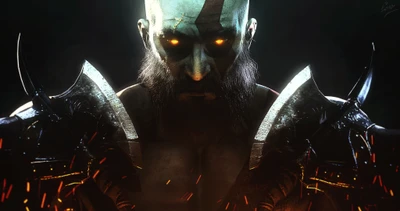 Kratos: O Fantasma de Esparta, um feroz guerreiro da série God of War, emana poder e intensidade com olhos brilhantes e uma expressão ameaçadora.