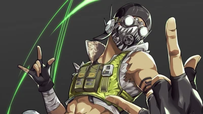 Dynamische Darstellung von Octane aus Apex Legends, der Energie und Attitüde mit seinen charakteristischen Goggles und lebhaften grünen Akzenten ausstrahlt.