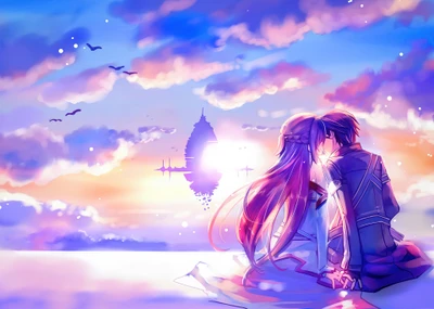 Kirito and Asuna's Romantic Kiss Against a Stunning Sunset - Aesthetic Sword Art Online Scene