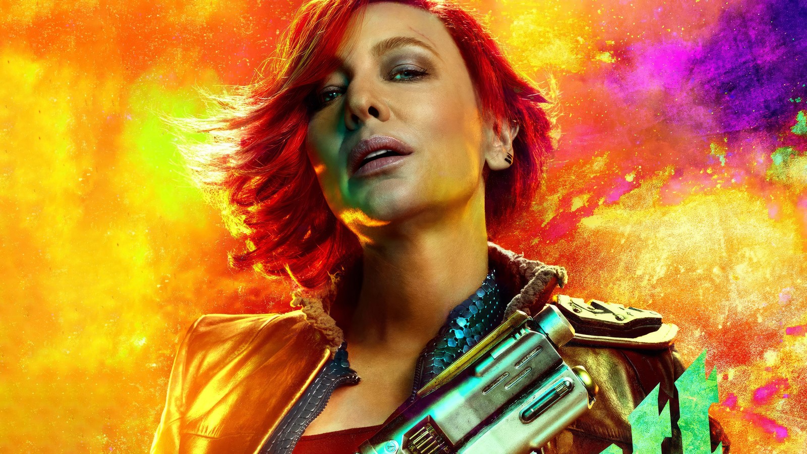 Une femme avec une arme à la main et un fond coloré (lilith, film borderlands, film, borderlands, cate blanchett)