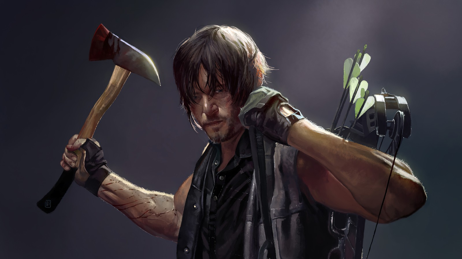 Ein mann, der ein paar äxte und einen bogen in der hand hält (daryl dixon, the walking dead, digitale kunst)